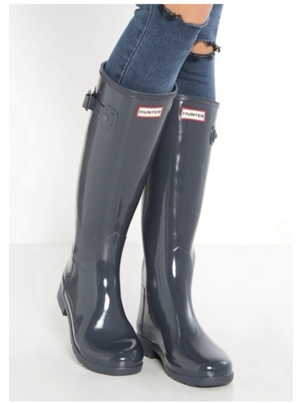 Hunter Women's Original Tall Gloss Rain Boots Grey Side 8/39 Preppy Waterproof